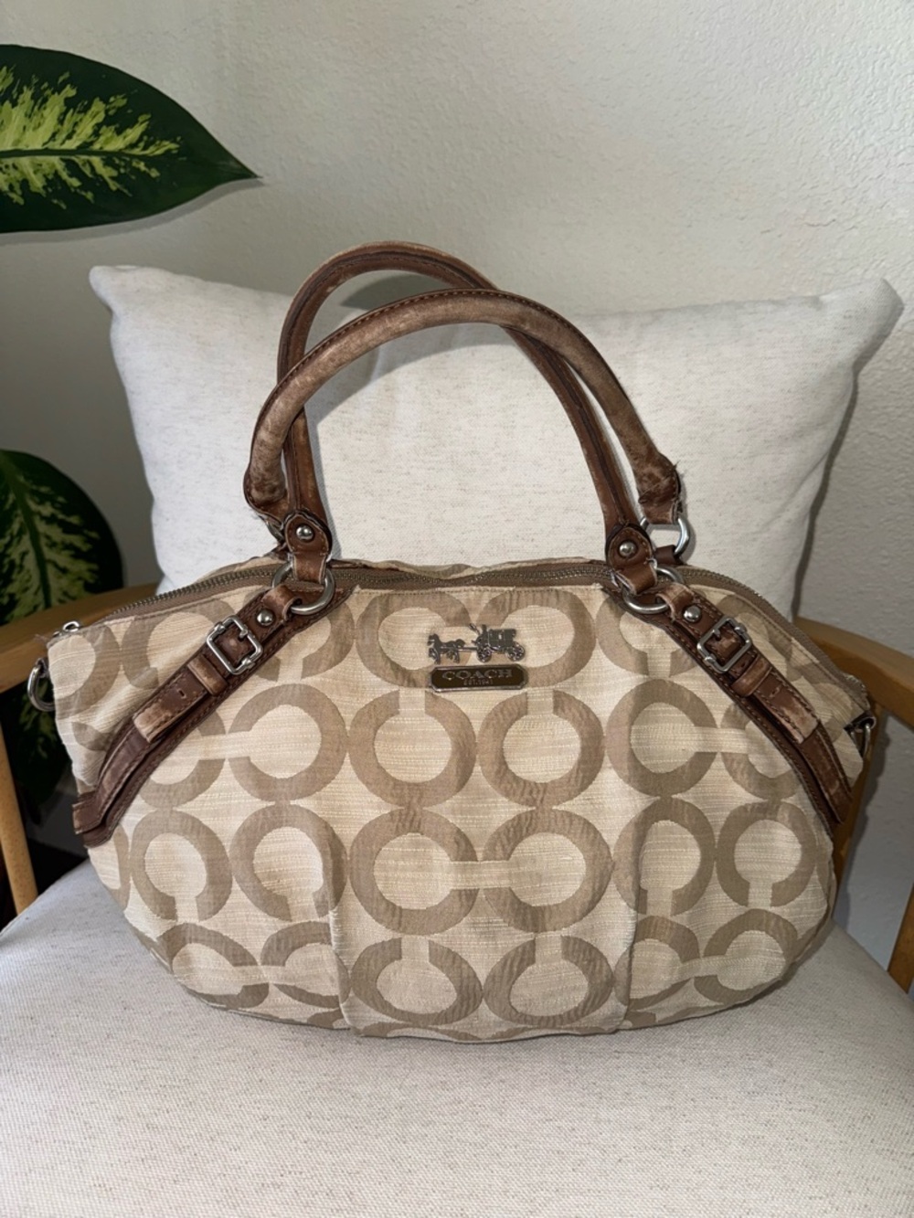 Coach Madison Op Art Jacquard Sophia Satchel Beige Brown Shoulder Purse #17000